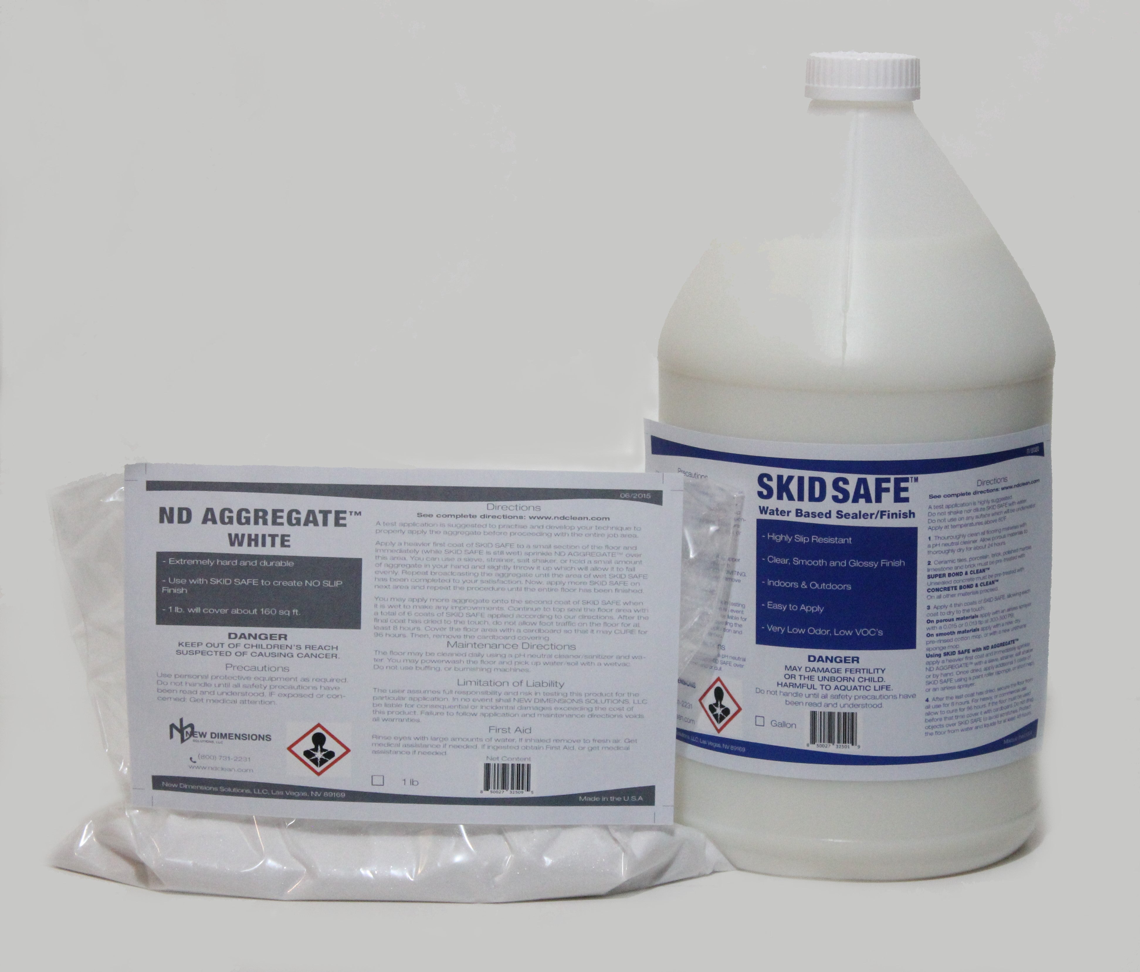 Non Slip Skid Safe System™ For Vinyl, Wood, Metals and Previously Sealed Surfaces include: SKID SAFE™ (Non-Slip Sealer/Finish), & ND Aggregate™ - NEW DIMENSIONS SOLUTIONS, LLC